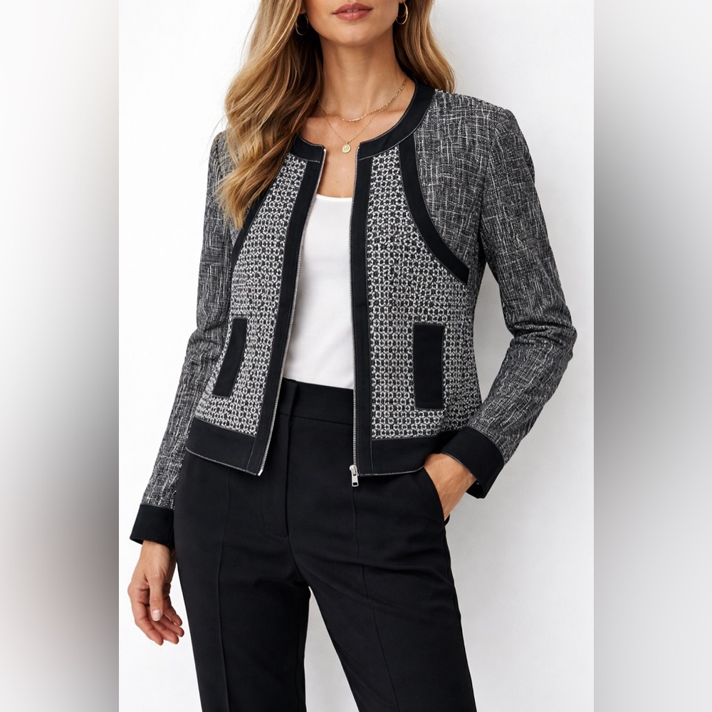 Doncaster Collection Black White Mixed Media Bomber Jacket Size 10